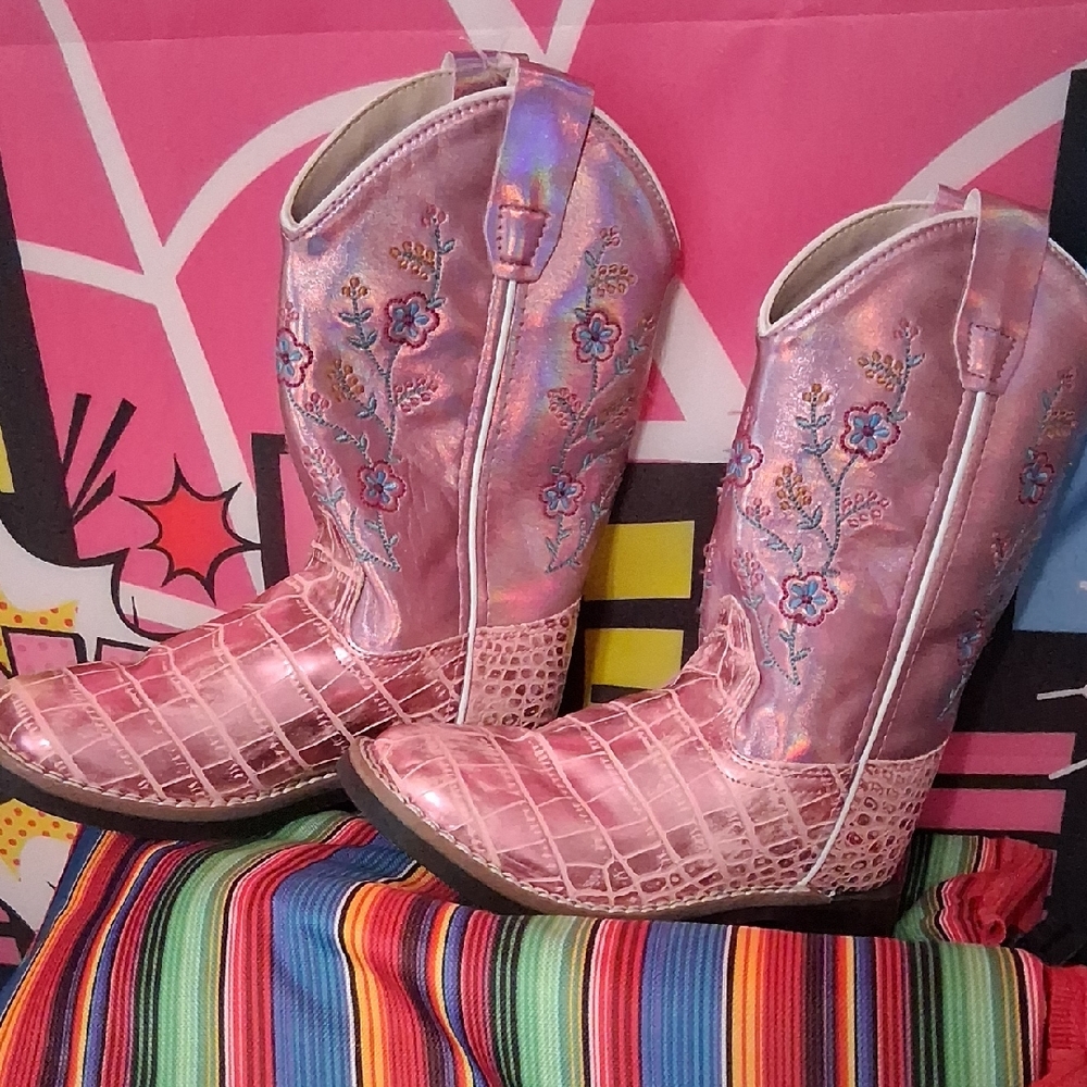 Old West Pink Floral Kids Heeled Boots